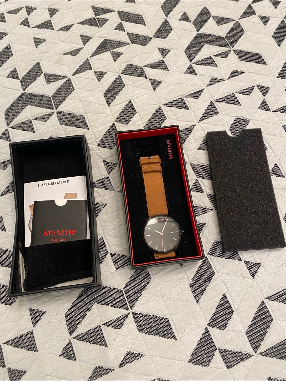 MVMT Men’s Tan Leather Strap Watch with Black Dial and Red Accents